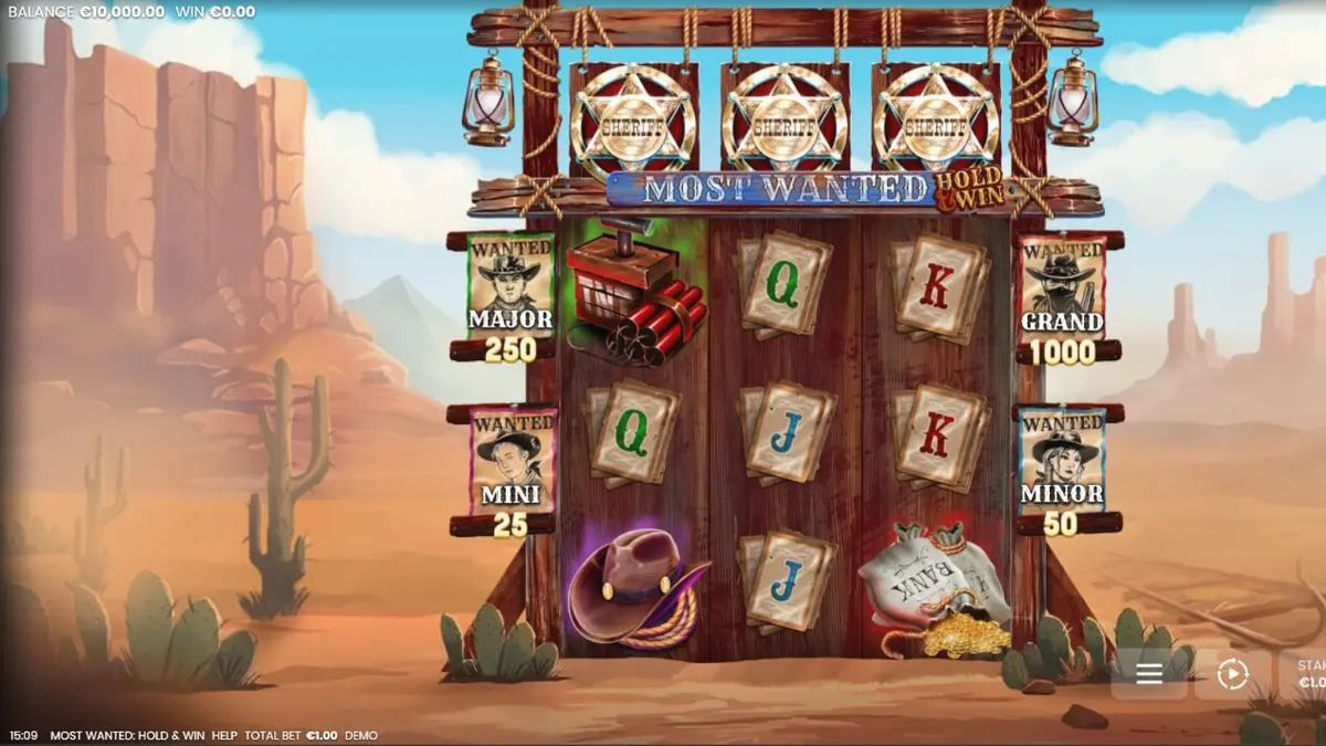 Tampilan visual slot Most Wanted: Hold & Win dengan tema Wild West yang ikonik